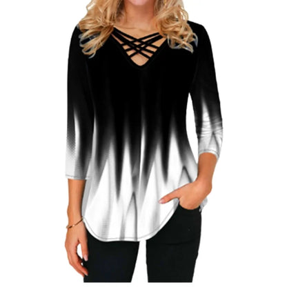 Women Blouses Gradient Print Cross V-Neck